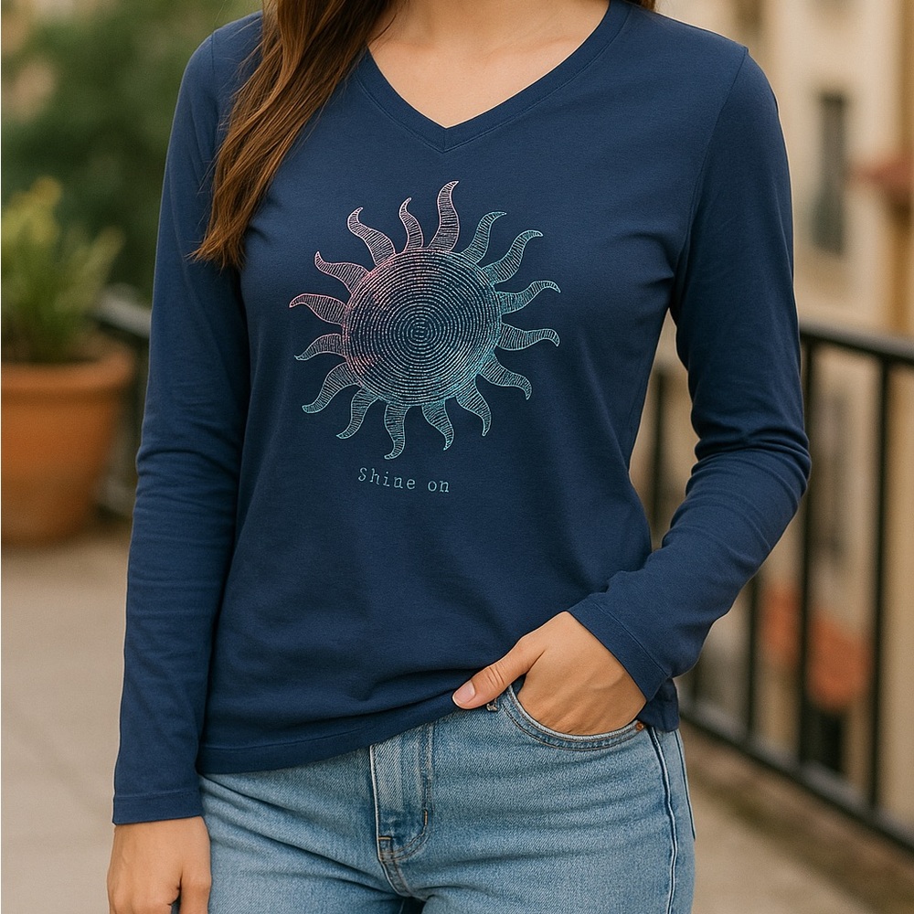 Life Is Good Navy Blue Shine On Sun Women's Long Sleeve Tee